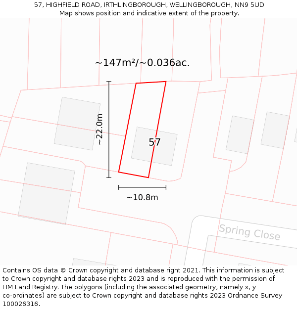 57, HIGHFIELD ROAD, IRTHLINGBOROUGH, WELLINGBOROUGH, NN9 5UD: Plot and title map