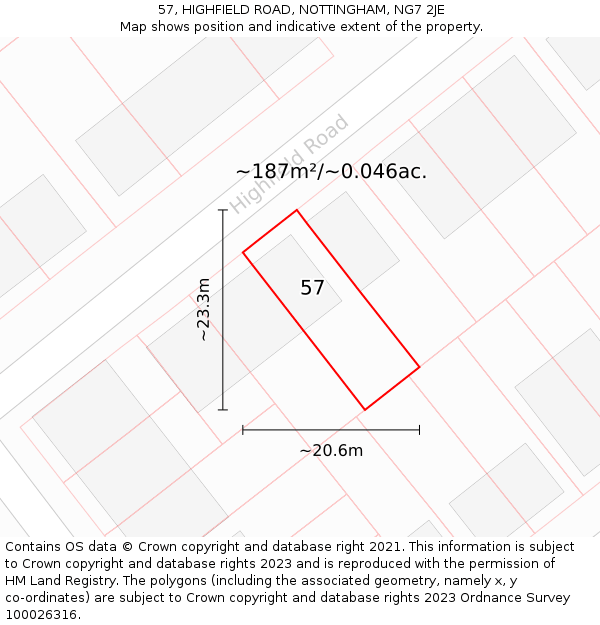 57, HIGHFIELD ROAD, NOTTINGHAM, NG7 2JE: Plot and title map