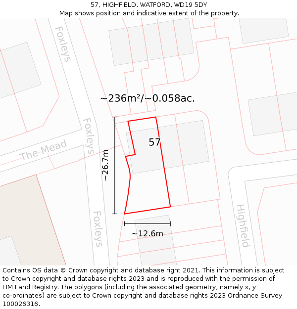 57, HIGHFIELD, WATFORD, WD19 5DY: Plot and title map