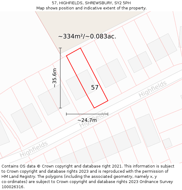 57, HIGHFIELDS, SHREWSBURY, SY2 5PH: Plot and title map