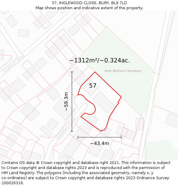 57, INGLEWOOD CLOSE, BURY, BL9 7LD: Plot and title map