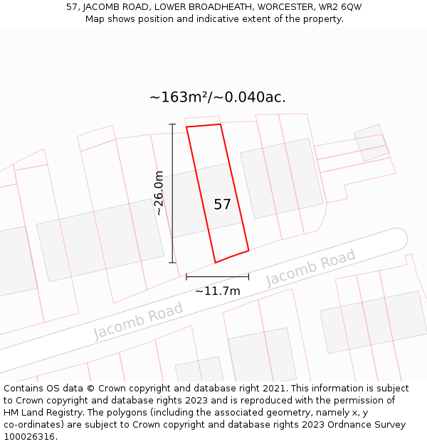 57, JACOMB ROAD, LOWER BROADHEATH, WORCESTER, WR2 6QW: Plot and title map