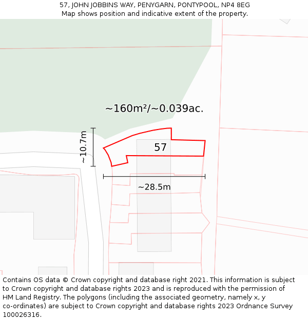 57, JOHN JOBBINS WAY, PENYGARN, PONTYPOOL, NP4 8EG: Plot and title map