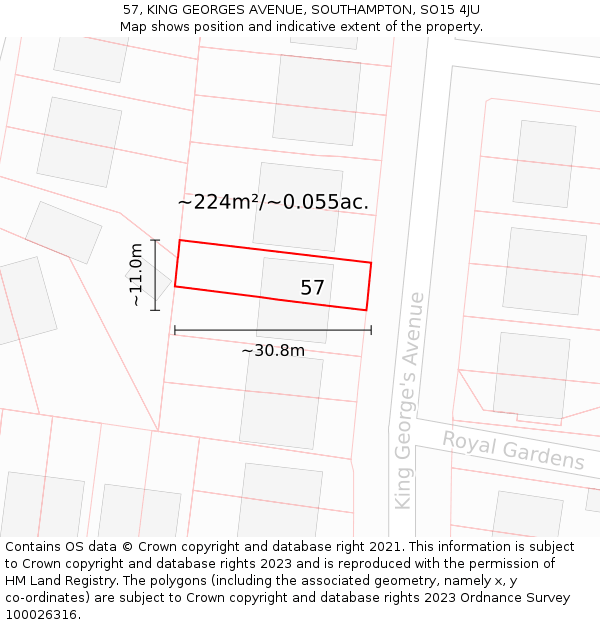 57, KING GEORGES AVENUE, SOUTHAMPTON, SO15 4JU: Plot and title map