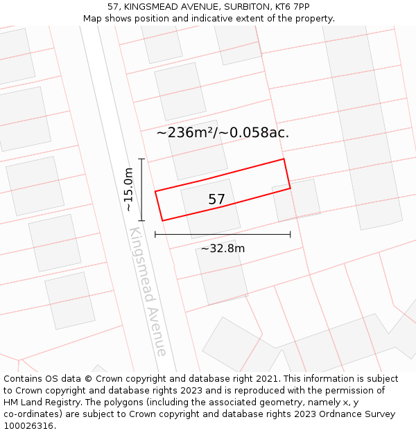 57, KINGSMEAD AVENUE, SURBITON, KT6 7PP: Plot and title map