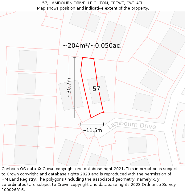 57, LAMBOURN DRIVE, LEIGHTON, CREWE, CW1 4TL: Plot and title map