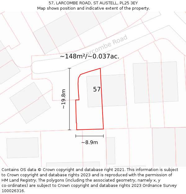 57, LARCOMBE ROAD, ST AUSTELL, PL25 3EY: Plot and title map