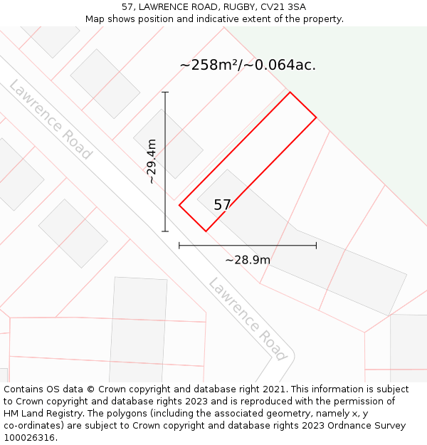 57, LAWRENCE ROAD, RUGBY, CV21 3SA: Plot and title map