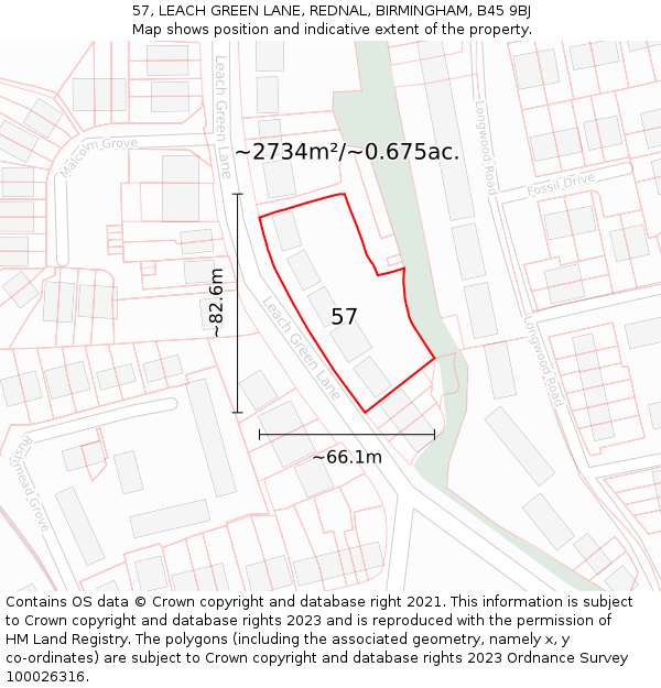 57, LEACH GREEN LANE, REDNAL, BIRMINGHAM, B45 9BJ: Plot and title map