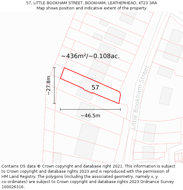 57, LITTLE BOOKHAM STREET, BOOKHAM, LEATHERHEAD, KT23 3AA: Plot and title map