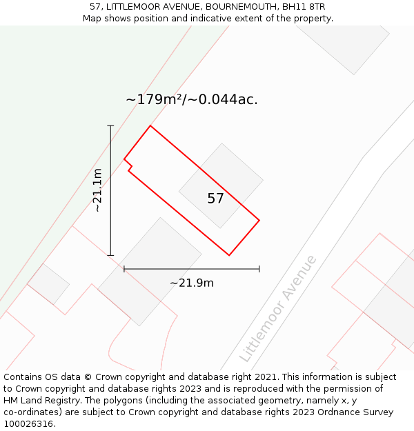 57, LITTLEMOOR AVENUE, BOURNEMOUTH, BH11 8TR: Plot and title map