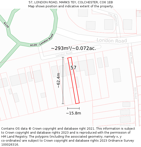 57, LONDON ROAD, MARKS TEY, COLCHESTER, CO6 1EB: Plot and title map