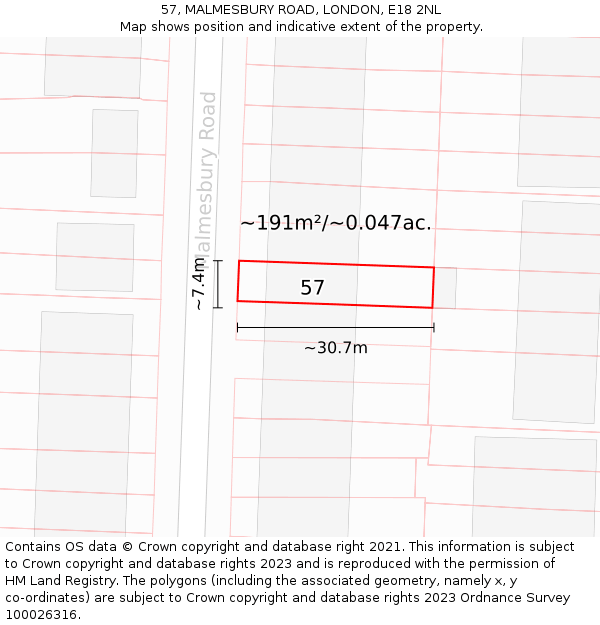 57, MALMESBURY ROAD, LONDON, E18 2NL: Plot and title map