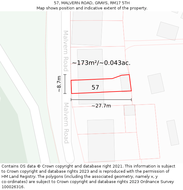 57, MALVERN ROAD, GRAYS, RM17 5TH: Plot and title map