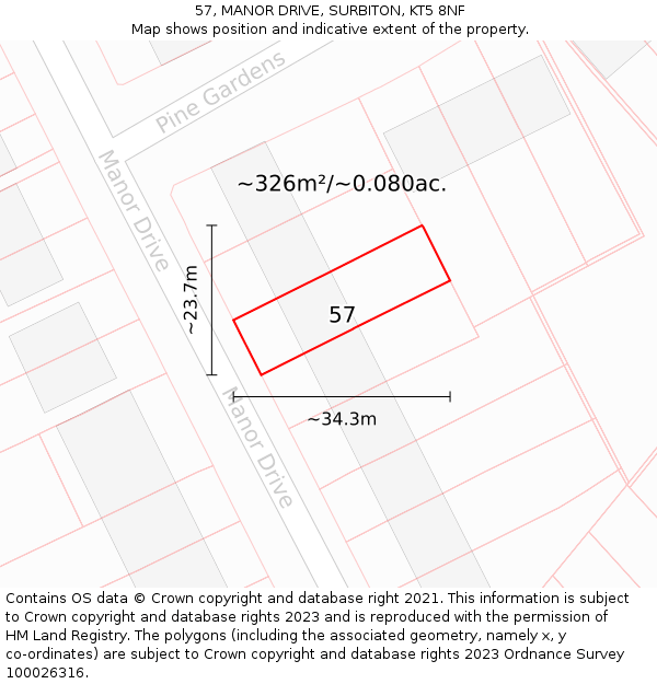 57, MANOR DRIVE, SURBITON, KT5 8NF: Plot and title map