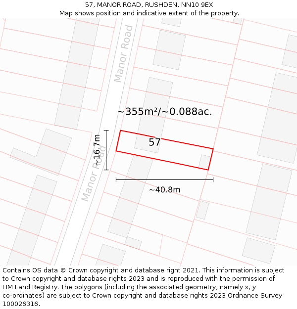 57, MANOR ROAD, RUSHDEN, NN10 9EX: Plot and title map