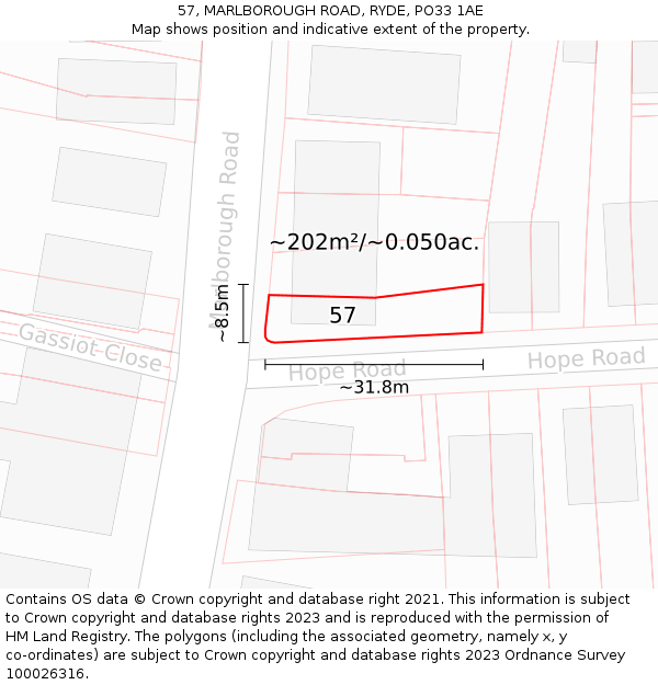 57, MARLBOROUGH ROAD, RYDE, PO33 1AE: Plot and title map