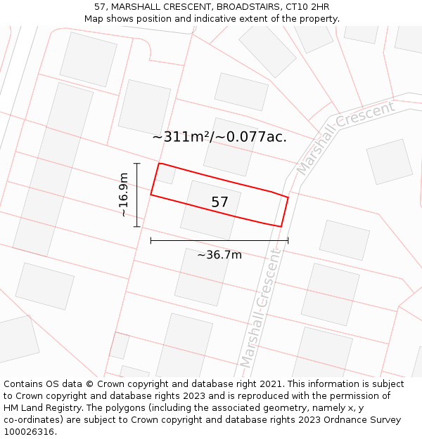 57, MARSHALL CRESCENT, BROADSTAIRS, CT10 2HR: Plot and title map