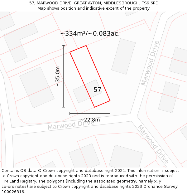 57, MARWOOD DRIVE, GREAT AYTON, MIDDLESBROUGH, TS9 6PD: Plot and title map