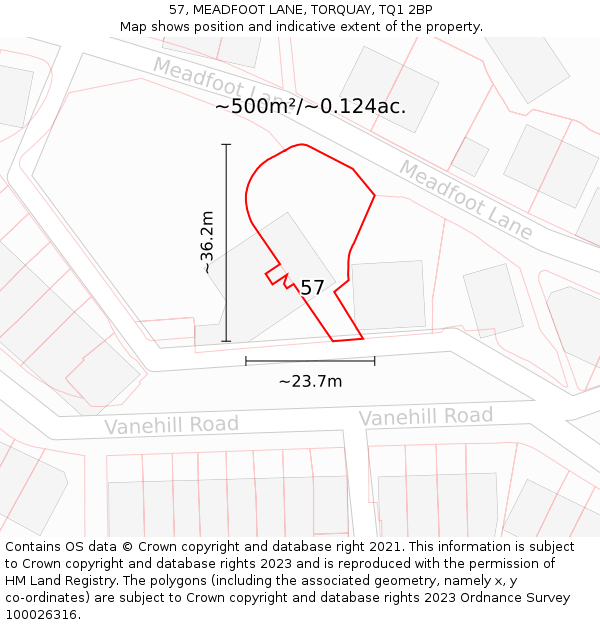 57, MEADFOOT LANE, TORQUAY, TQ1 2BP: Plot and title map