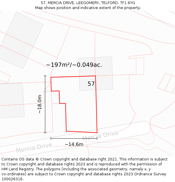 57, MERCIA DRIVE, LEEGOMERY, TELFORD, TF1 6YG: Plot and title map