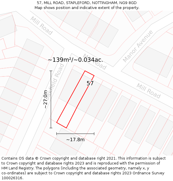 57, MILL ROAD, STAPLEFORD, NOTTINGHAM, NG9 8GD: Plot and title map