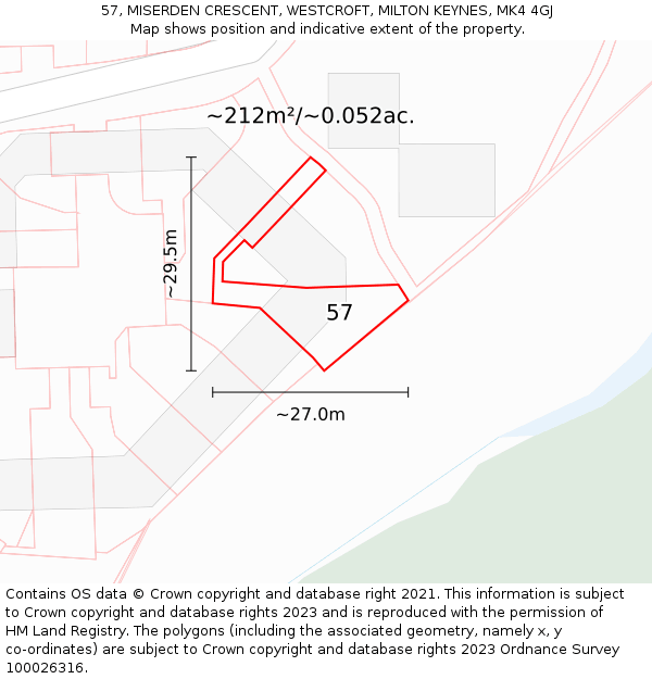 57, MISERDEN CRESCENT, WESTCROFT, MILTON KEYNES, MK4 4GJ: Plot and title map