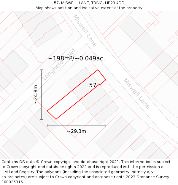 57, MISWELL LANE, TRING, HP23 4DD: Plot and title map