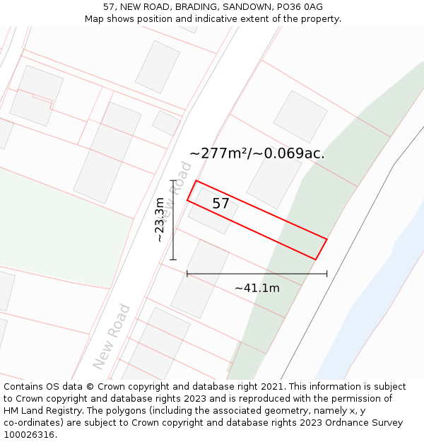 57, NEW ROAD, BRADING, SANDOWN, PO36 0AG: Plot and title map