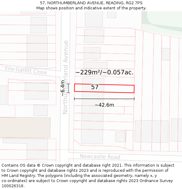 57, NORTHUMBERLAND AVENUE, READING, RG2 7PS: Plot and title map