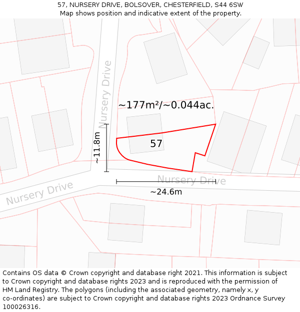 57, NURSERY DRIVE, BOLSOVER, CHESTERFIELD, S44 6SW: Plot and title map