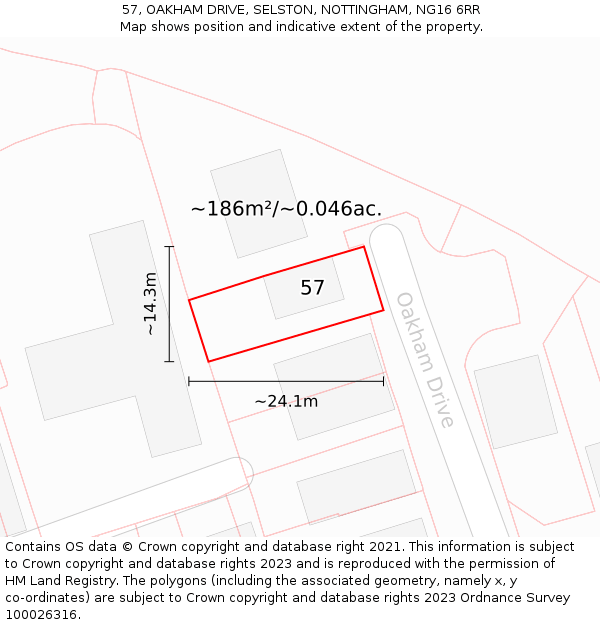 57, OAKHAM DRIVE, SELSTON, NOTTINGHAM, NG16 6RR: Plot and title map