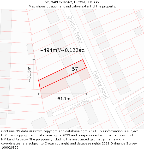 57, OAKLEY ROAD, LUTON, LU4 9PX: Plot and title map