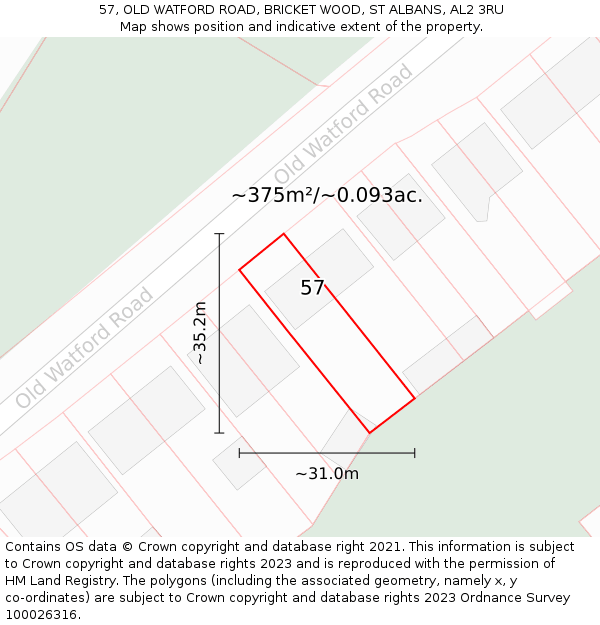 57, OLD WATFORD ROAD, BRICKET WOOD, ST ALBANS, AL2 3RU: Plot and title map