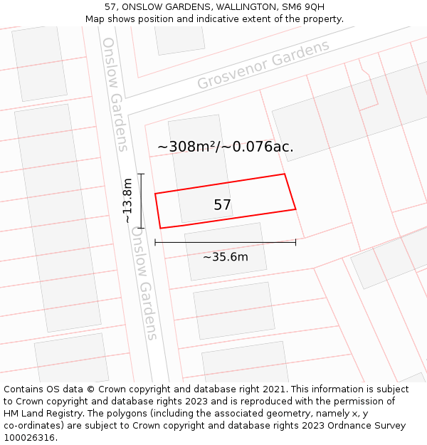 57, ONSLOW GARDENS, WALLINGTON, SM6 9QH: Plot and title map