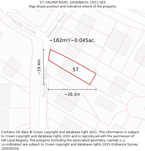 57, PALMER ROAD, SANDBACH, CW11 4EZ: Plot and title map