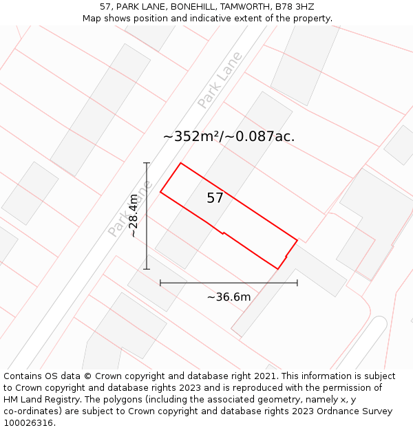 57, PARK LANE, BONEHILL, TAMWORTH, B78 3HZ: Plot and title map