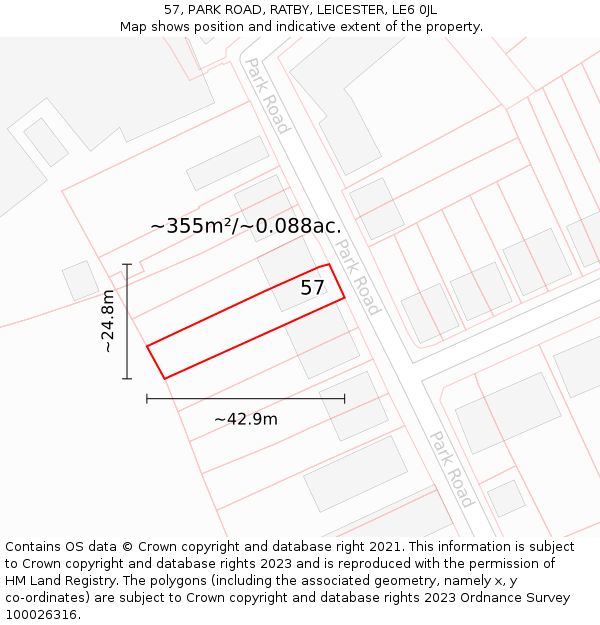 57, PARK ROAD, RATBY, LEICESTER, LE6 0JL: Plot and title map