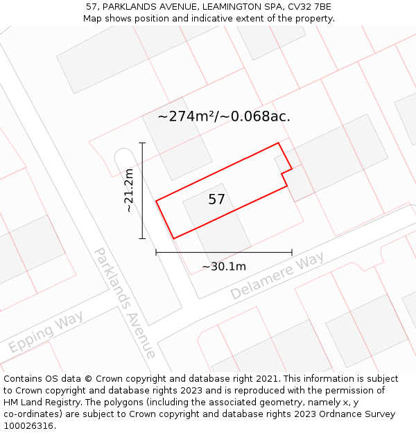 57, PARKLANDS AVENUE, LEAMINGTON SPA, CV32 7BE: Plot and title map