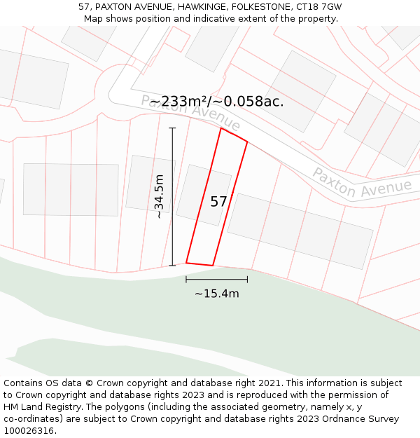 57, PAXTON AVENUE, HAWKINGE, FOLKESTONE, CT18 7GW: Plot and title map