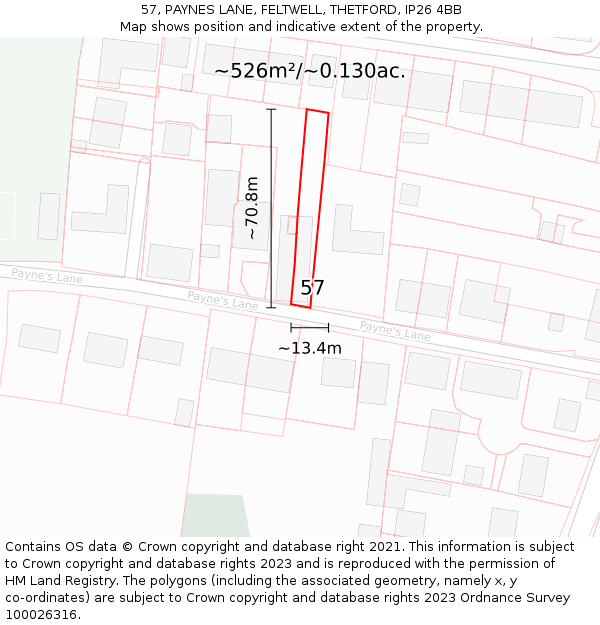 57, PAYNES LANE, FELTWELL, THETFORD, IP26 4BB: Plot and title map