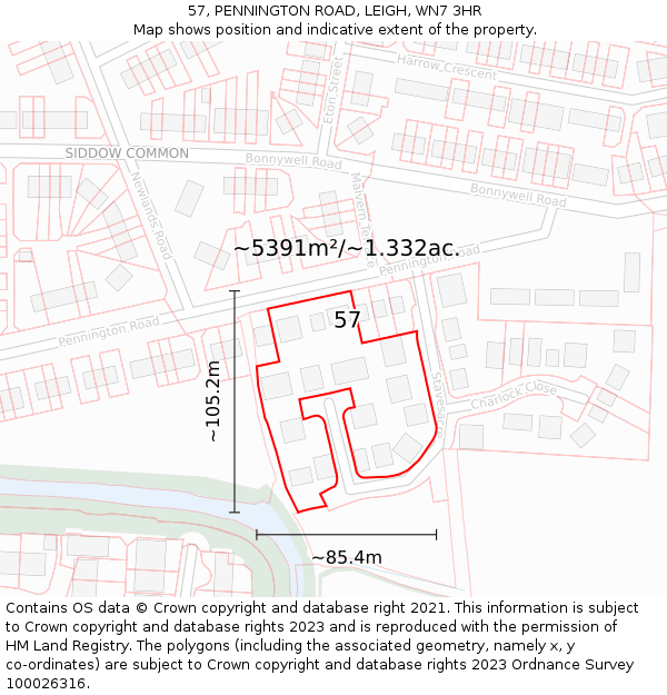 57, PENNINGTON ROAD, LEIGH, WN7 3HR: Plot and title map