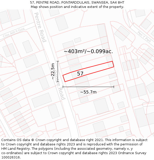 57, PENTRE ROAD, PONTARDDULAIS, SWANSEA, SA4 8HT: Plot and title map