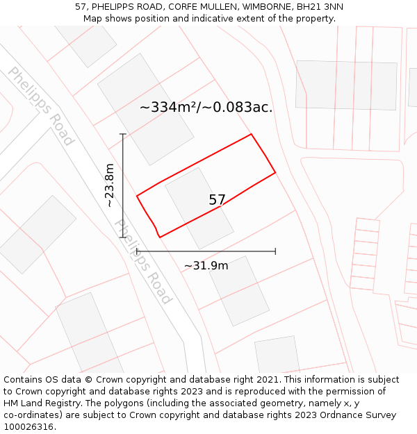 57, PHELIPPS ROAD, CORFE MULLEN, WIMBORNE, BH21 3NN: Plot and title map