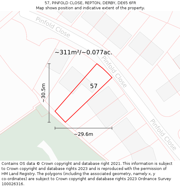 57, PINFOLD CLOSE, REPTON, DERBY, DE65 6FR: Plot and title map