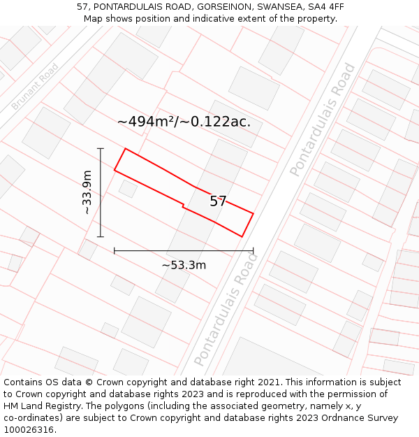 57, PONTARDULAIS ROAD, GORSEINON, SWANSEA, SA4 4FF: Plot and title map