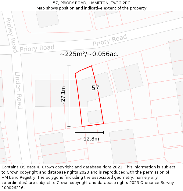 57, PRIORY ROAD, HAMPTON, TW12 2PG: Plot and title map