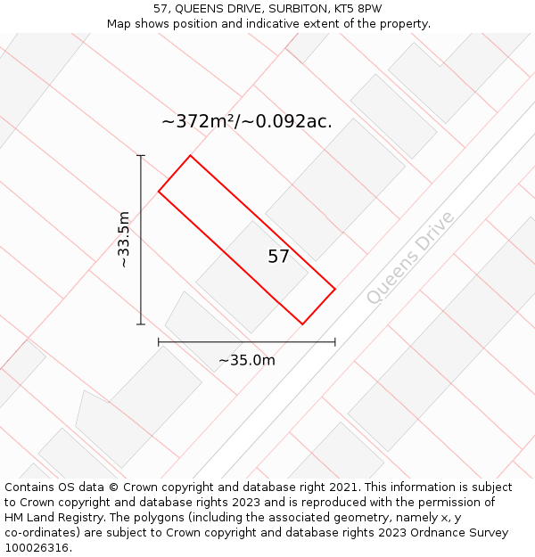 57, QUEENS DRIVE, SURBITON, KT5 8PW: Plot and title map