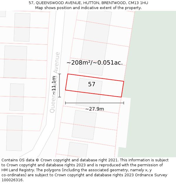 57, QUEENSWOOD AVENUE, HUTTON, BRENTWOOD, CM13 1HU: Plot and title map