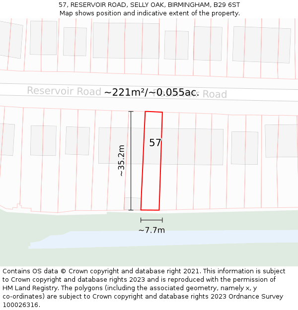 57, RESERVOIR ROAD, SELLY OAK, BIRMINGHAM, B29 6ST: Plot and title map